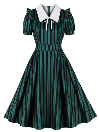 Green 1950s Striped Peter Pan Collar Swing Dress