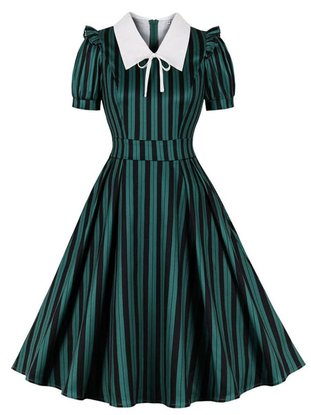Green 1950s Striped Peter Pan Collar Swing Dress