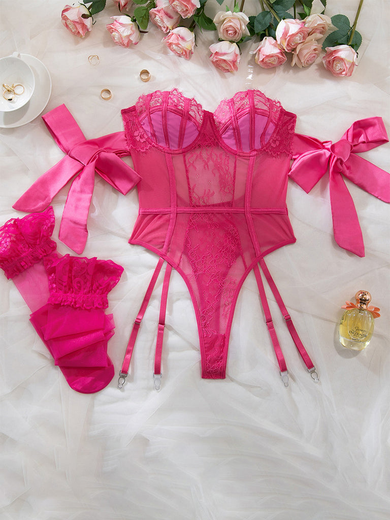 [Pre-Sale] 1980s Solid Bow Tie Bodysuit Pajama With Stockings Set