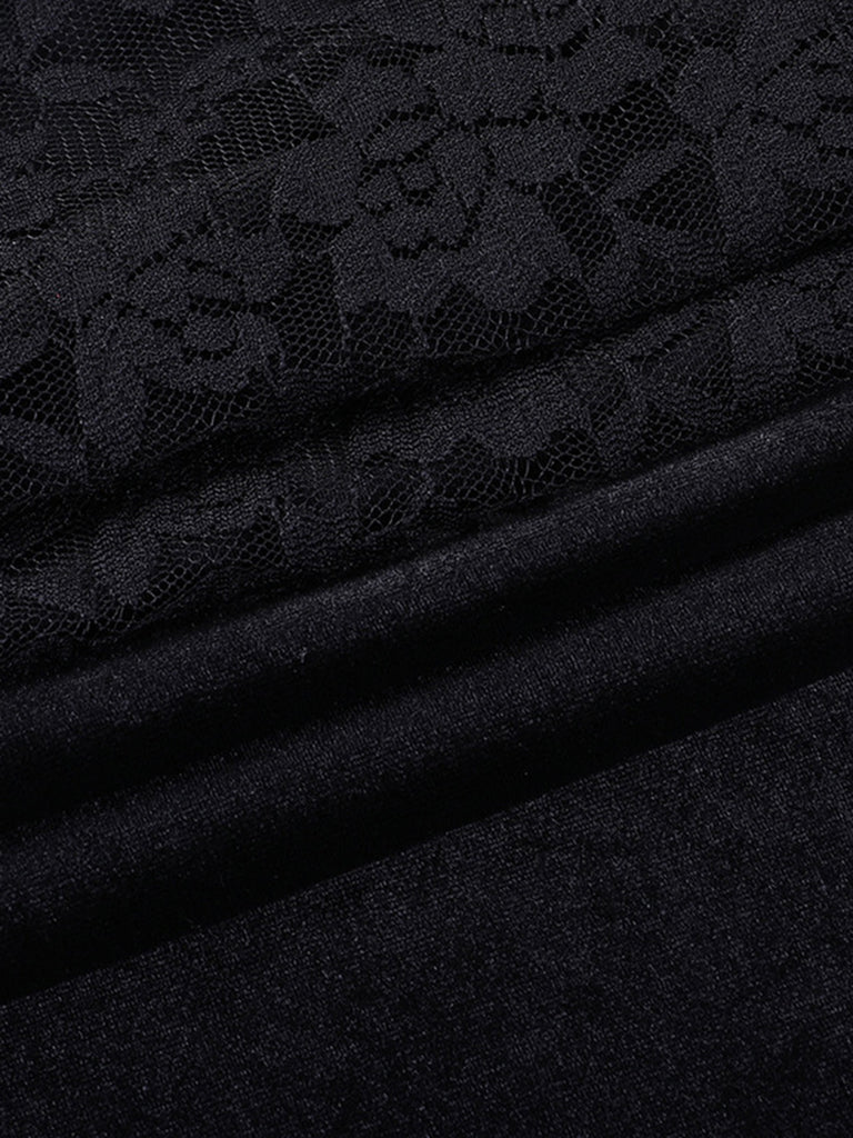 Black 1960s Lace Feather Hem Velvet Bodycon Dress