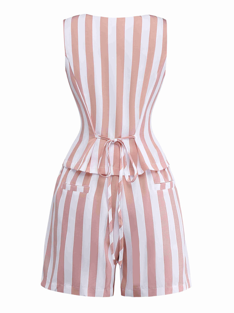 2pcs Khaki 1960s Striped Square Neck Sleeveless Vest & Shorts