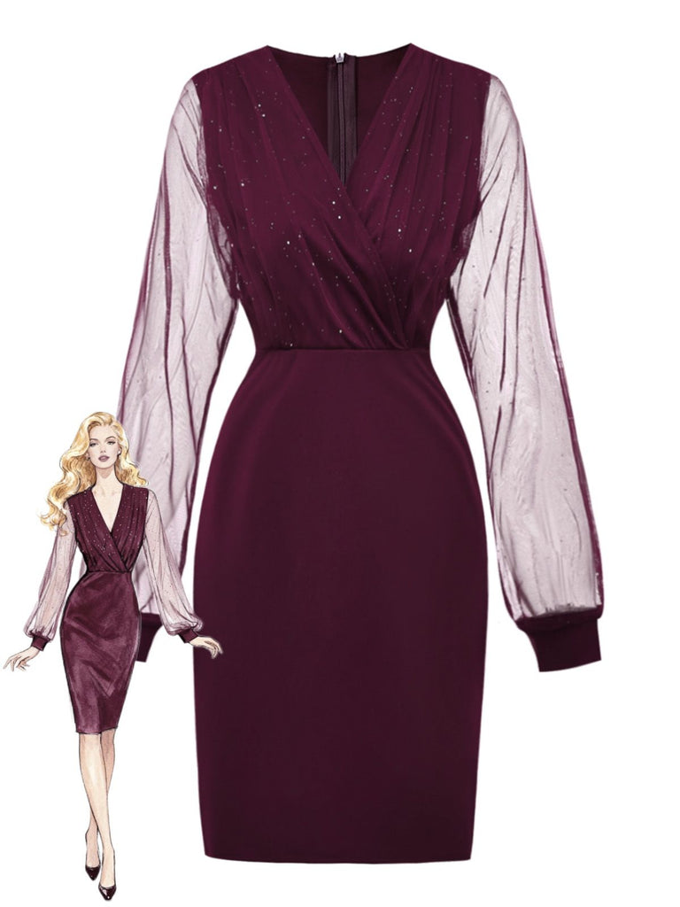 1960s Solid Glitter V-Neck Mesh Bodycon Dress