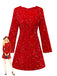 Red 1960s Sequined Bow Round Neck Long Sleeve Dress