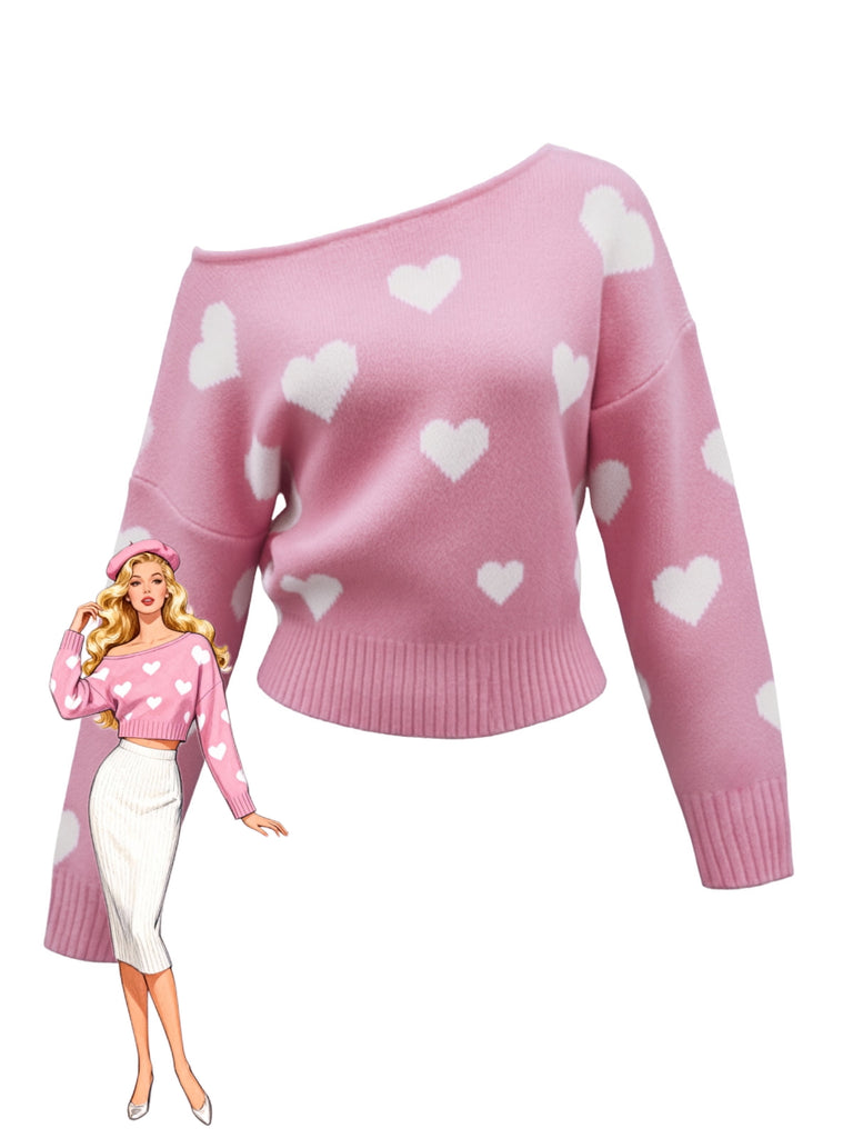 1970s Valentine Heart Asymmetrical Shoulder Pullover Sweater