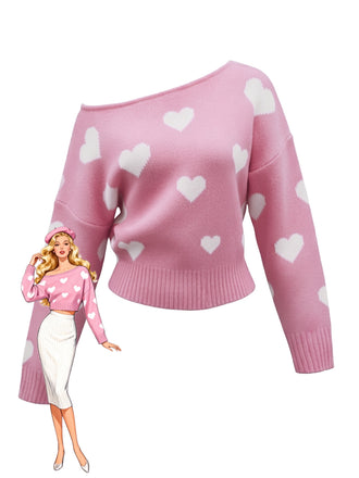 1970s Valentine Heart Asymmetrical Shoulder Pullover Sweater