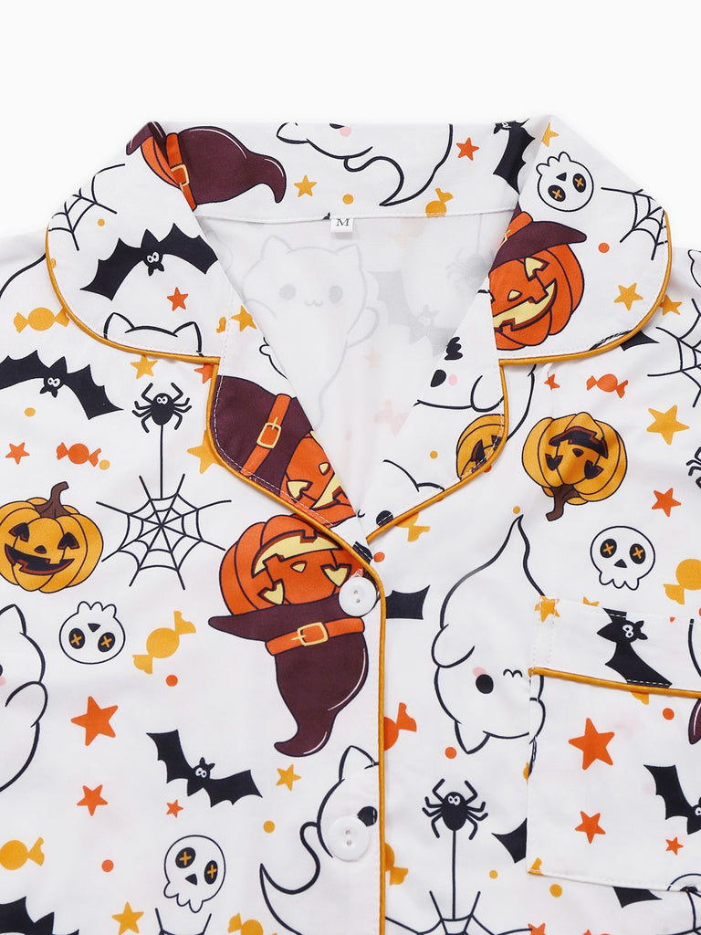 Black 1950s Halloween Print Notched Collar Pajama Set
