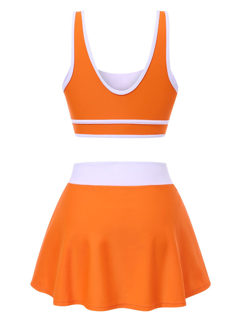 2PCS 1940s Square Neck Side Slit Colorblock Skirt Swimsuit