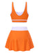 2PCS 1940s Square Neck Side Slit Colorblock Skirt Swimsuit