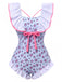 Blue 1950s Ditsy Floral Bow Ruffled Swimsuit