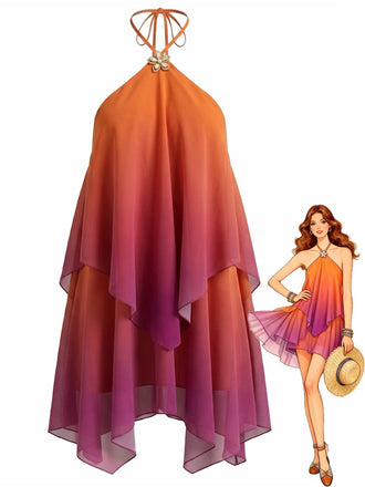 Orange 1960s Gradient Halter Layered Chiffon Mini Dress