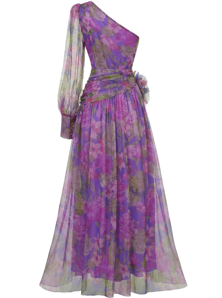 Purple 1930s Mesh One-Shoulder 3D Floral Evening Dress