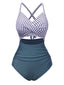 Blue 1940s Stripe Patchwork Hollow One-Piece Swimsuit
