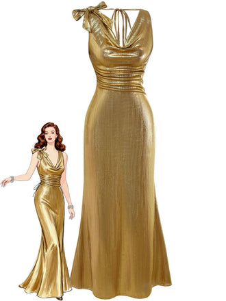 Gold 1930s Metallic Textured Bow Cowl Neck Dress