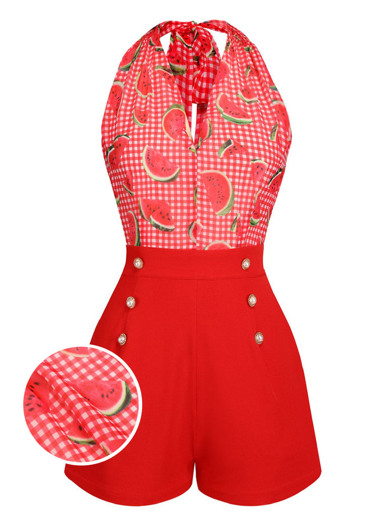 [US Warehouse] Watermelon Red 1950s Halter Patchwork Romper
