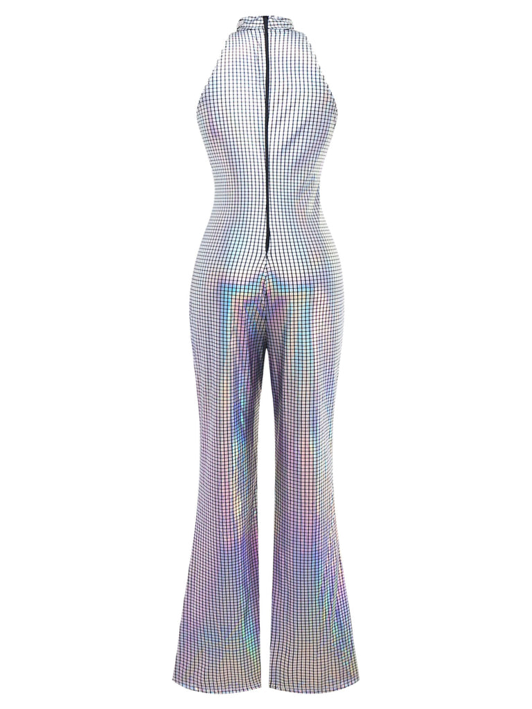 Silver 1970s Disco Sleeveless Metallic Jumpsuit