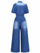 Denim 1970s Lapel Button Belted Waist Jumpsuit