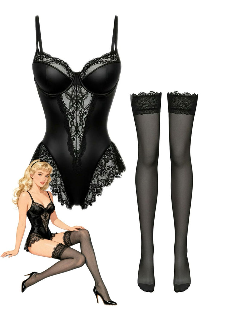 [Pre-Sale] Black 1980s Slip Satin Lace Underwire Lingerie With Stockings