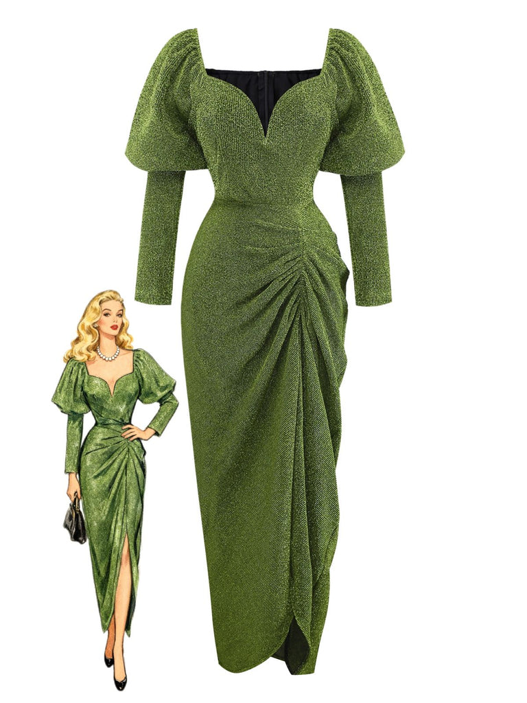 Green 1960s Ruched Puff Sleeve Midi Dress