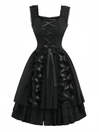Black 1950s Solid Gothic Lace-Up Dress
