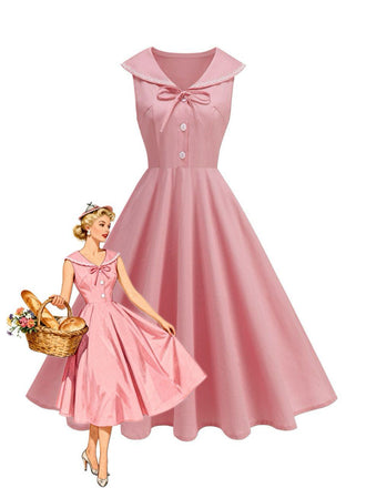 1950s Sailor Collar Bow-Tie Solid Sleeveless Dress