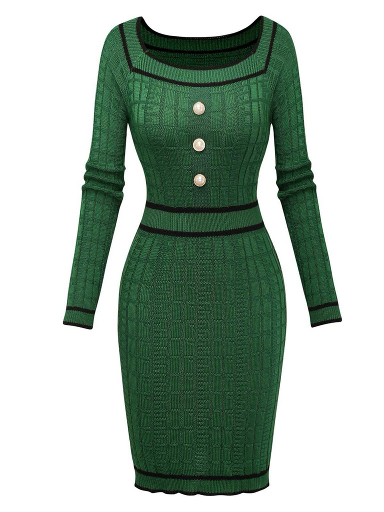 1960s Square Neck Pearl Button Knitted Dress
