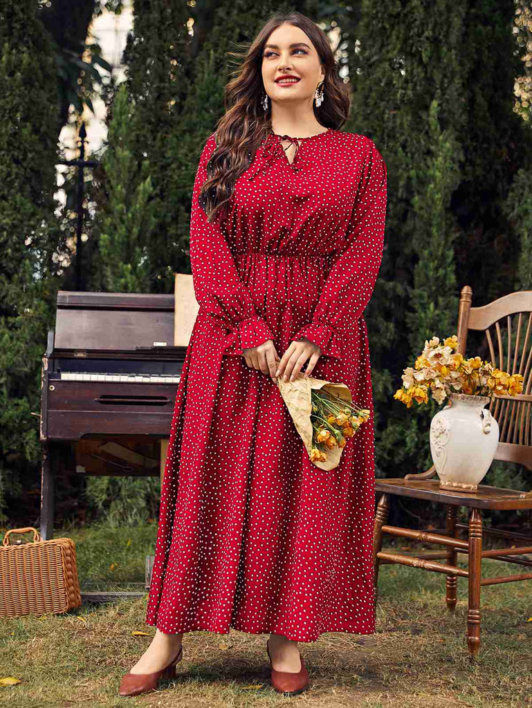 [Plus Size] Red 1950s Bishop Polka Dots Dress
