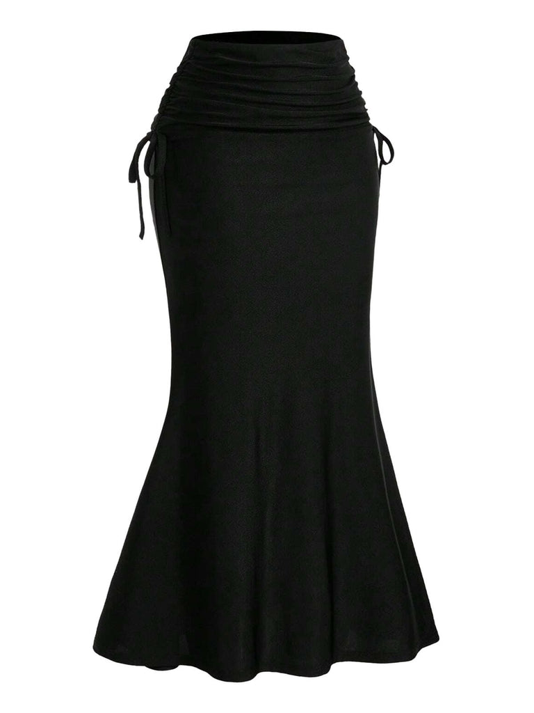 Black 1960s Gothic Ruched Mermaid Maxi Skirt