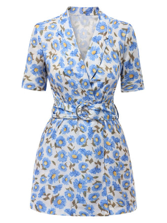 1960s Floral Print Lapel Belted Romper