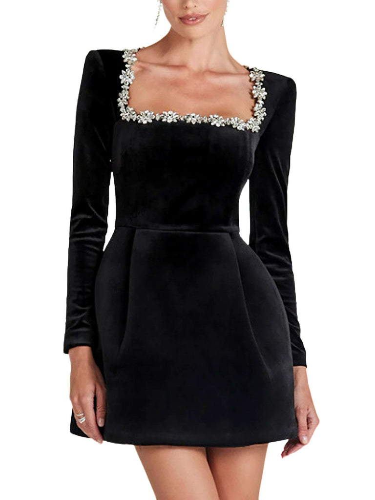 1960s Velvet Diamond Square Neck Dress