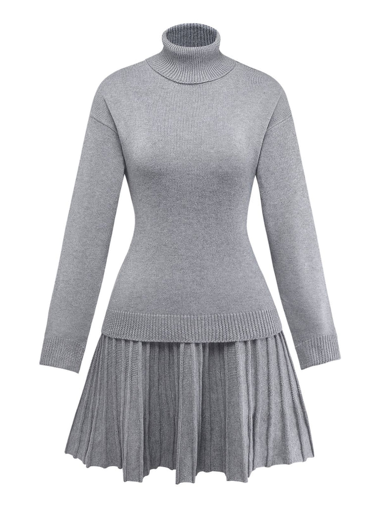 2PCS 1960s Knit Turtleneck Sweater & Pleated Skirt