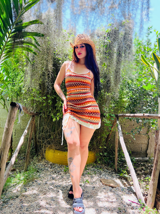 Multicolor 1960s Bohemian Drawstring Knit Straps Dress, vintage dress, retro fashion - perfect for women who love vintage and retro fashion