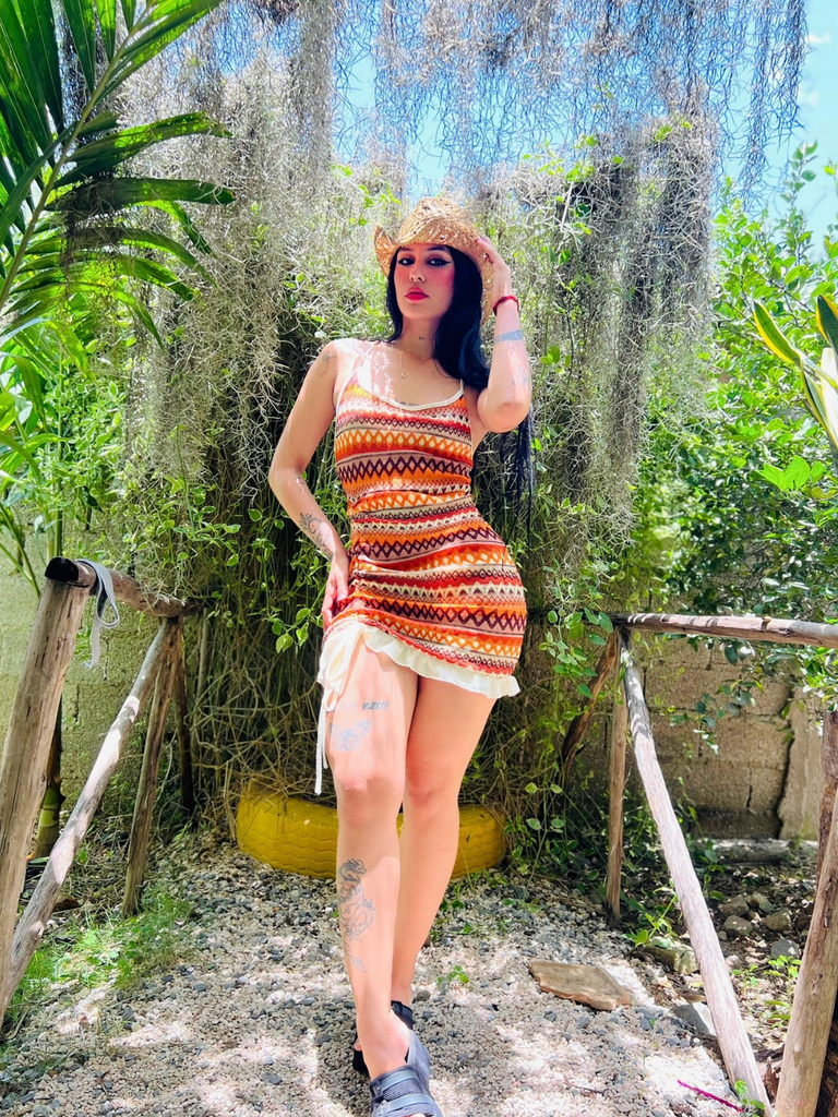 Multicolor 1960s Bohemian Drawstring Knit Straps Dress