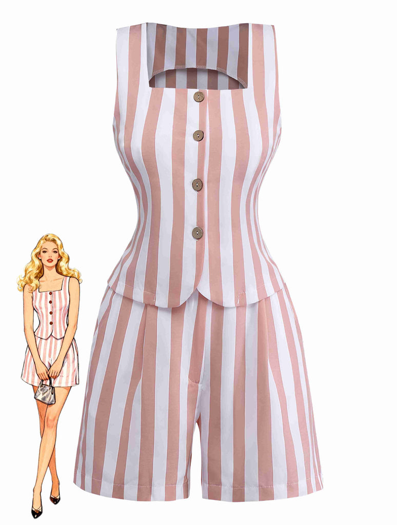 2pcs Khaki 1960s Striped Square Neck Sleeveless Vest & Shorts