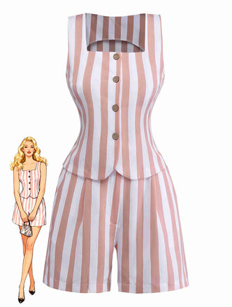 2pcs Khaki 1960s Striped Square Neck Sleeveless Vest & Shorts