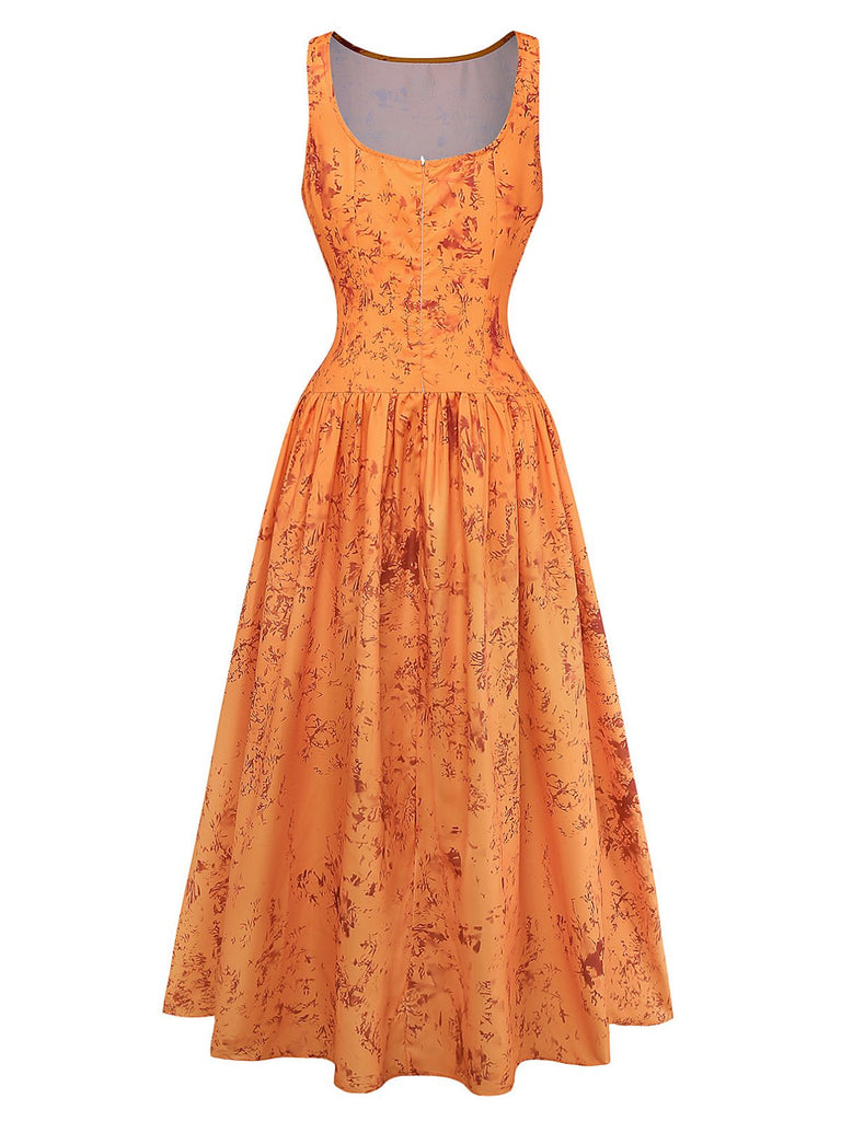 Orange 1930s Cotton Sleeveless Printed Fitted Dress