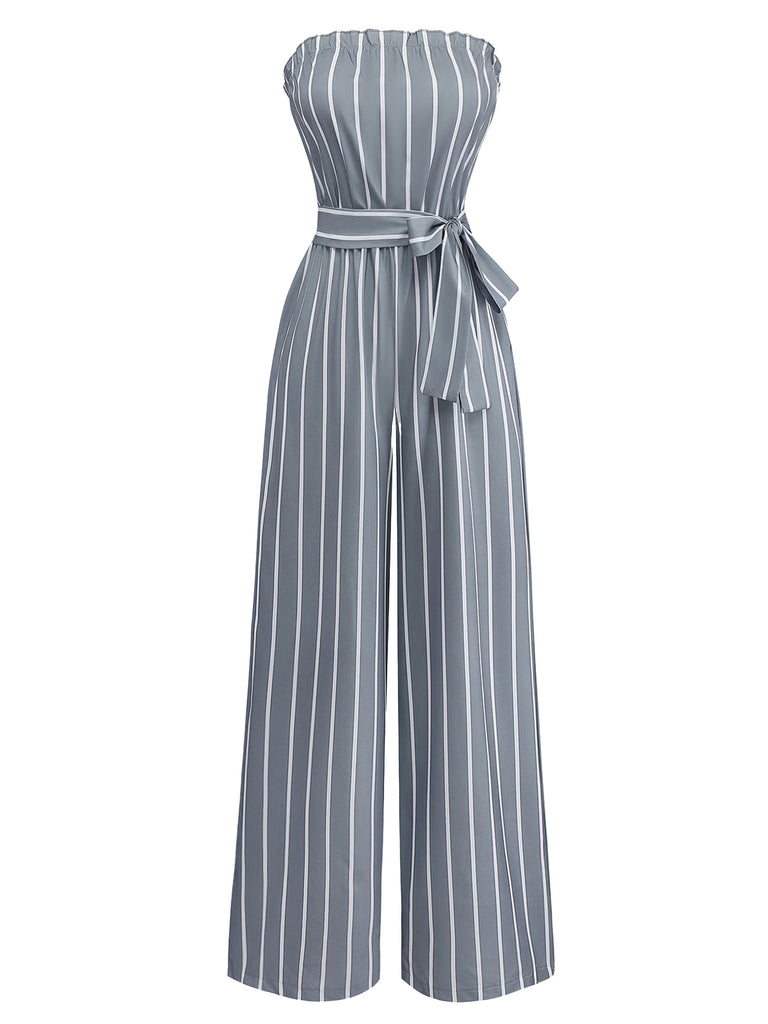 Grey 1930s Strapless Striped Belted Jumpsuit