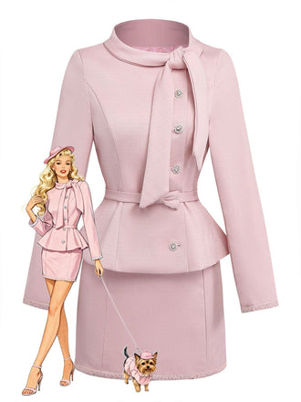 Pale Pink 1980s Solid Buttoned Blazer & Skirt Set
