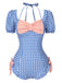 1950s Bow Puff Sleeve Gingham Plaid Swimsuit