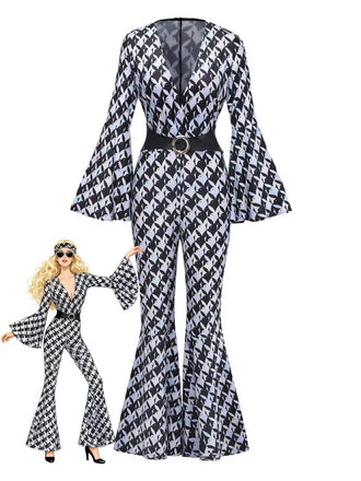 Black & White 1980s Houndstooth Bell Sleeve Jumpsuit