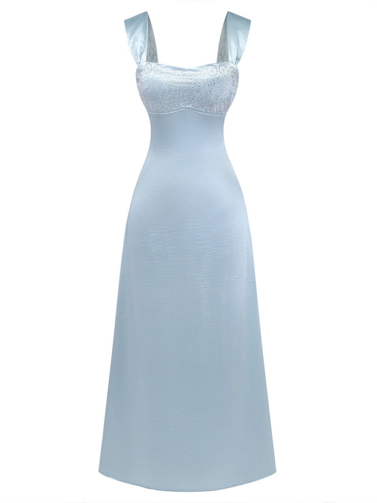 1930s Satin Rhinestone Wide-Strap Maxi Dress