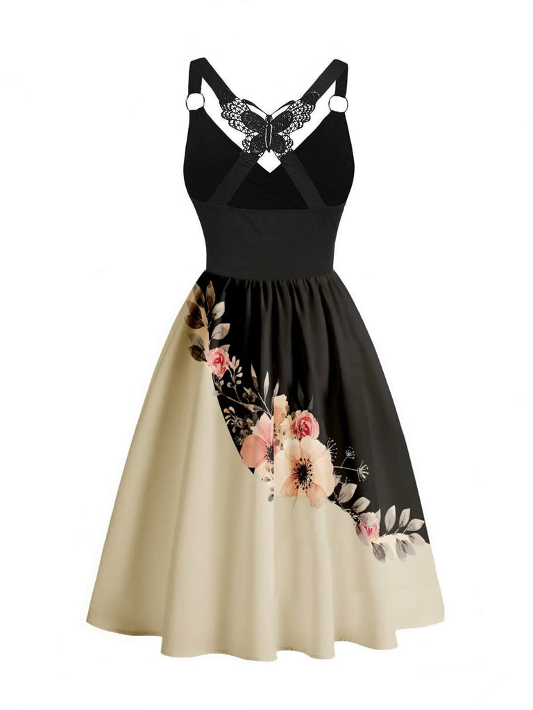 1950s Lace Butterfly Floral Colorblock Dress