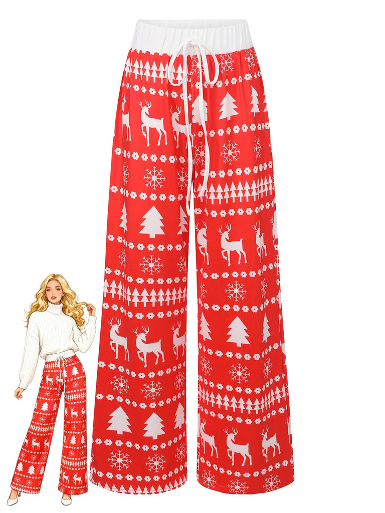 Red 1930s Christmas Tree Reindeer Pants
