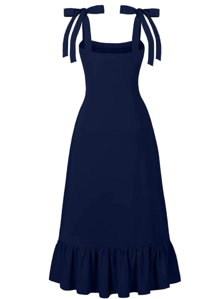 1930s Solid Bow Slit Ruffled Hem Suspender Dress