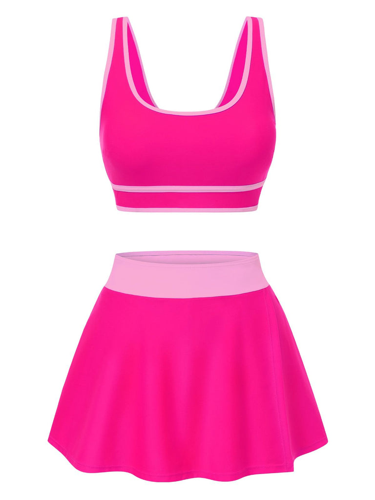 2PCS 1940s Square Neck Side Slit Colorblock Skirt Swimsuit