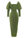 Green 1960s Ruched Puff Sleeve Midi Dress
