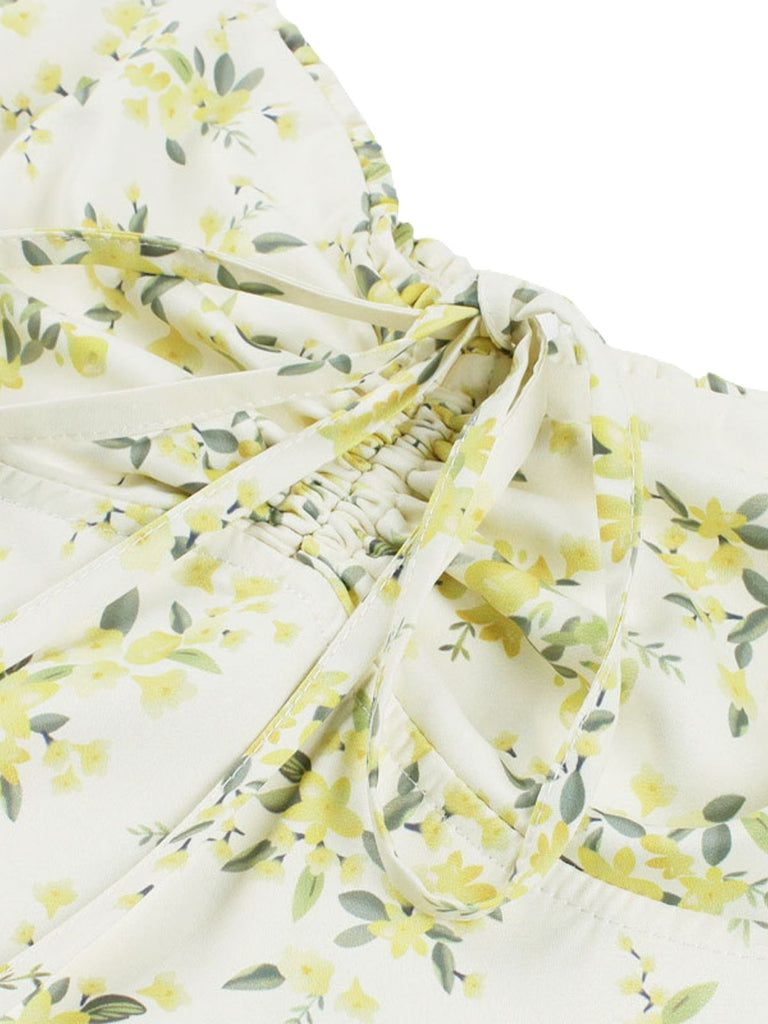1940s Floral Lace-Up Wide Strap Dress