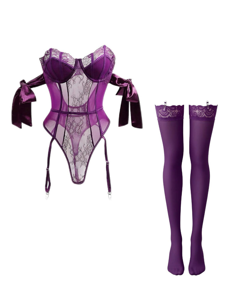 [Pre-Sale] 1980s Solid Bow Tie Bodysuit Pajama With Stockings Set