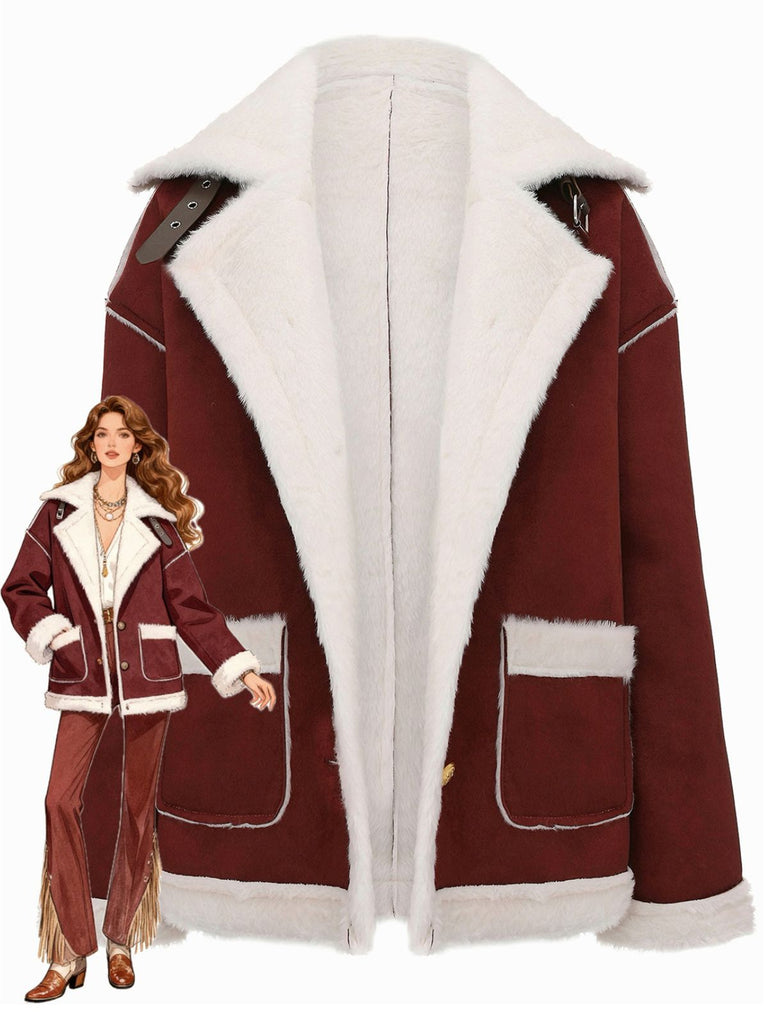 1940s Lapel Plush Buckle Pocketed Jacket