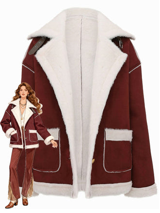 1940s Lapel Plush Buckle Pocketed Jacket