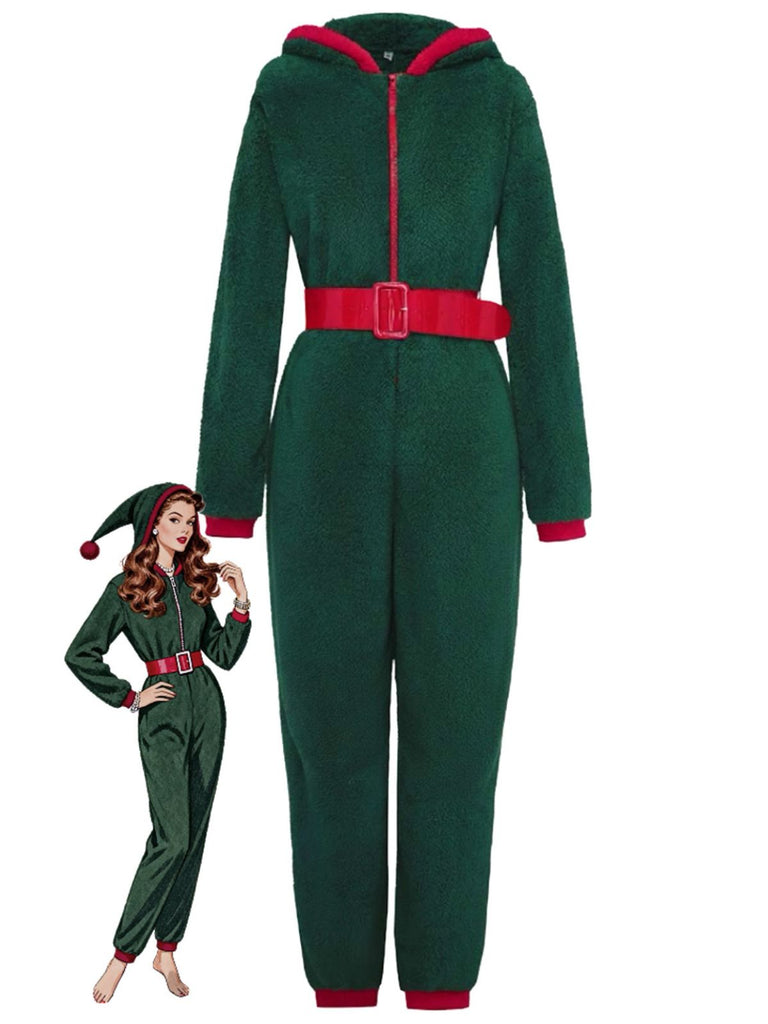 Green 1970s Christmas Sherpa Hooded Jumpsuit Pajama